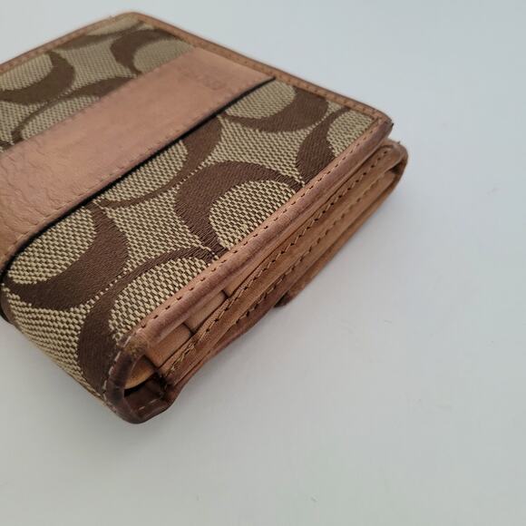 Coach Wallet Brown Signature Card Holder Bill Medium Bifold Compact Tan Red - Picture 10 of 11